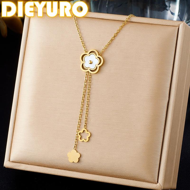 DIEYURO 316L Stainless Steel White Shell Petal Hollow Golden Flower tassel Pendant Necklace Lady Fashion Clavicle Chain Jewelry