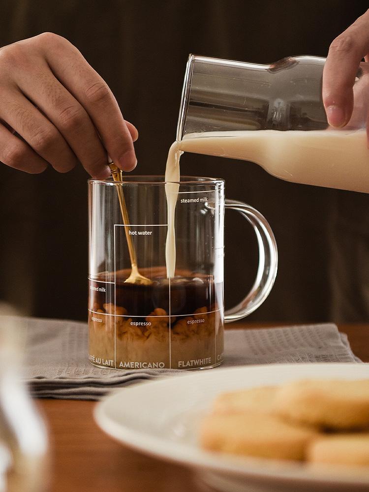 Coffee Recipe Glass Mug Cup With Coffee Milk Water Scales White Letters Printed Brewing Cup Heat Resistant Coffee Mug 1 Pc