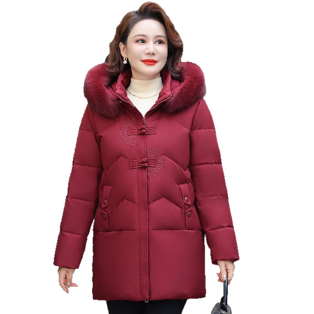 Stylish Fur Collar Hooded Mid-Length Duck Down Jacket for Middle-Aged and Elderly Women - Winter Plus Size Outerwear.
