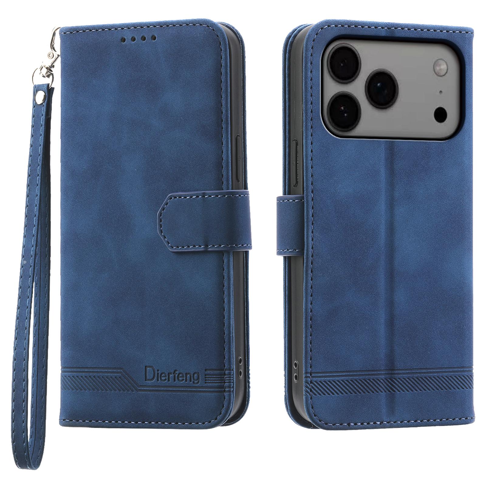 

DIERFENG DF-03 For iPhone 17 Pro Max Case Lines Imprint Wallet Leather Phone Cover with Wrist Strap Blue