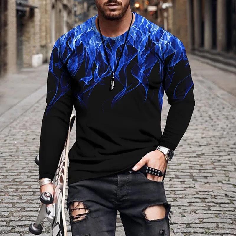 Fashion Long Sleeve T-shirt For Men 3d Fire Print O Neck Tops Hip Hop Cotton T Shirt Oversized Tee Shirt Man Clothing Streetwear