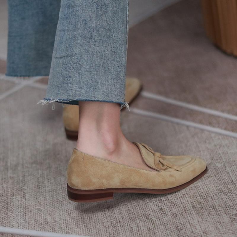 Fashion Spring/Autumn Women Loafers Sheep Suede Leather Shoes for Women Round Toe Chunky Heel Shoes Casual Bow-knot Low Heel Women Pumps