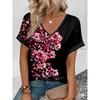 Delicate Watercolor Floral Print Casual T Shirt V Neck Short Sleeve Tee For Women Summer Holiday And Daily Wear
