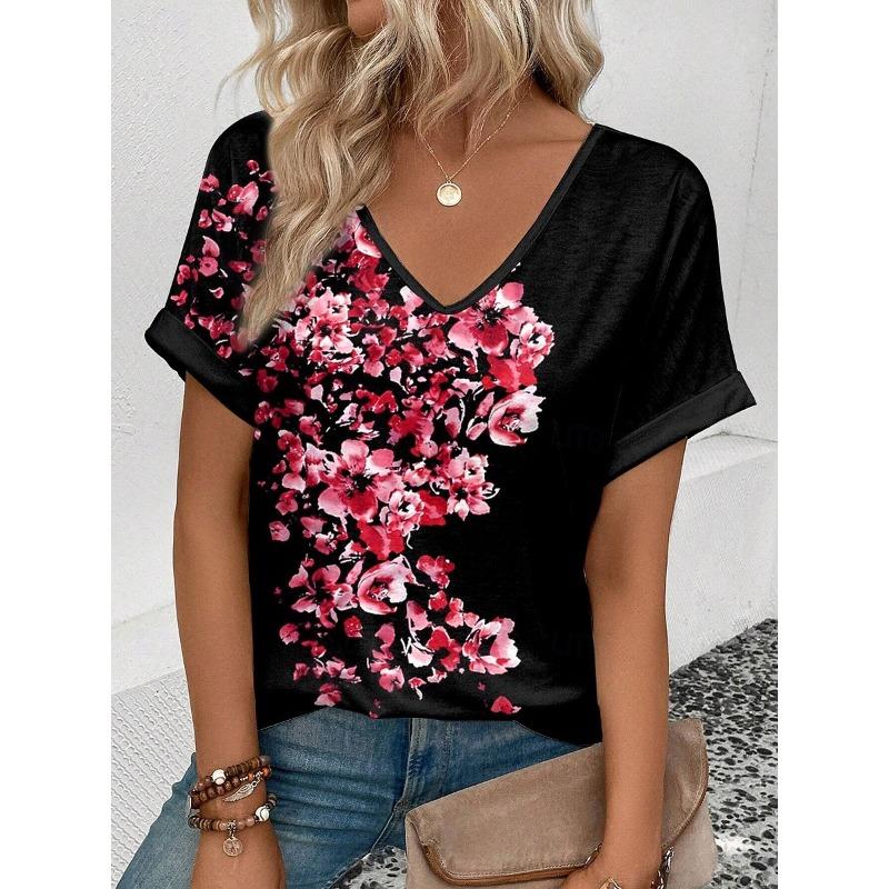 Delicate Watercolor Floral Print Casual T Shirt V Neck Short Sleeve Tee For Women Summer Holiday And Daily Wear