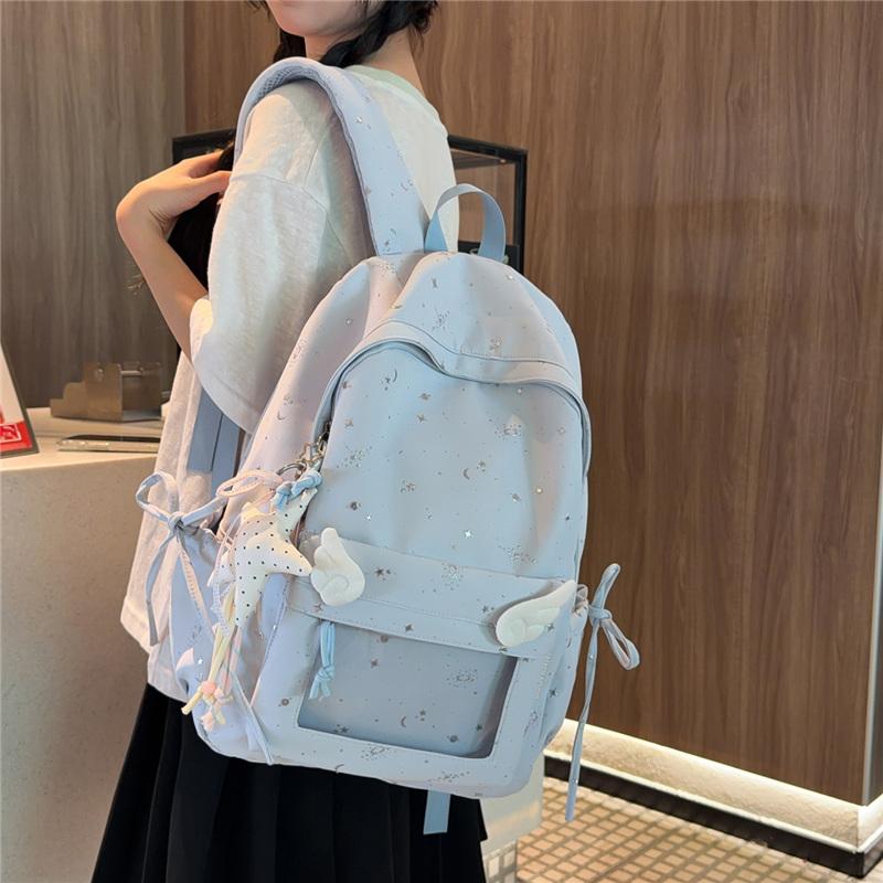 Cute Starry Print Backpack for Women, Lightweight School Bag with Front Mesh Pocket and Side Pockets