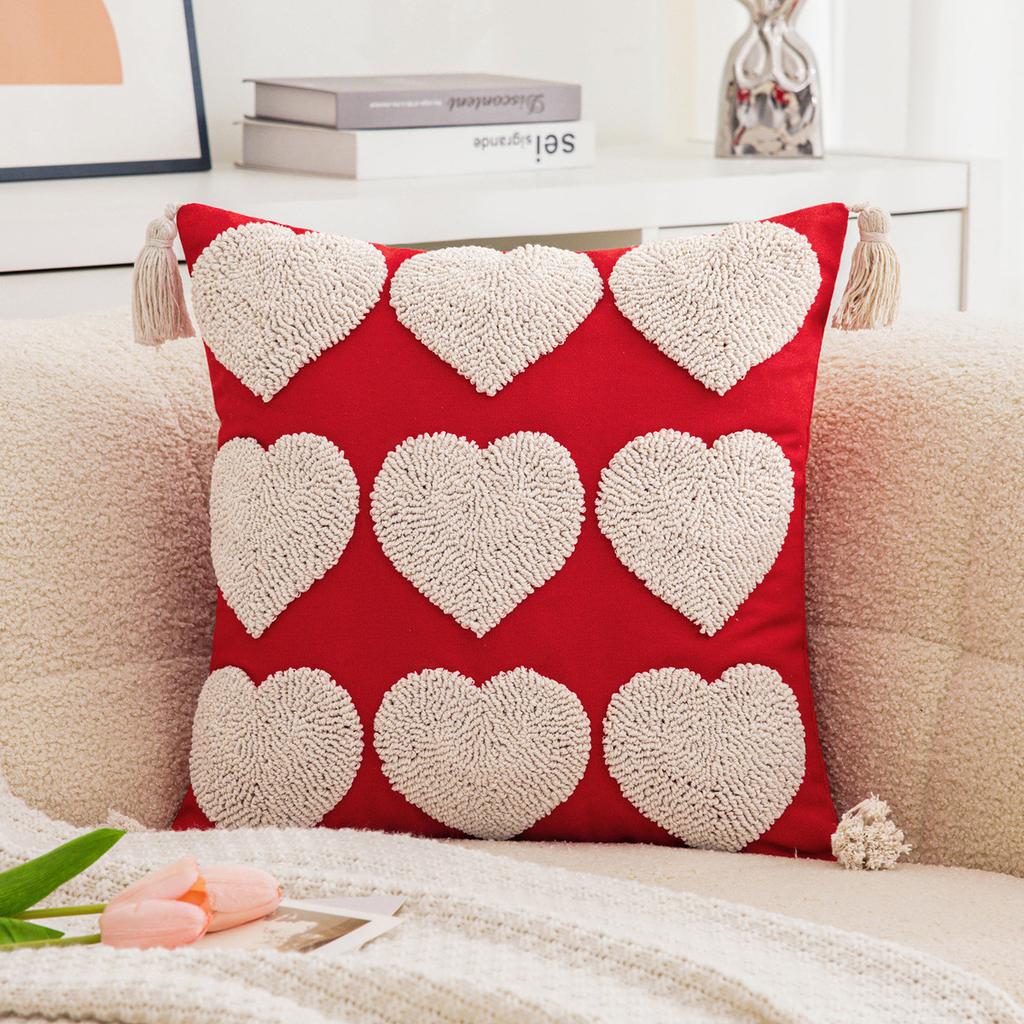 Valentine's Day Embroidered Heart-Shaped Pillow Cover Cojines Cute Tufted Tassel Throw Cushion Cover Headboard Pillowcases