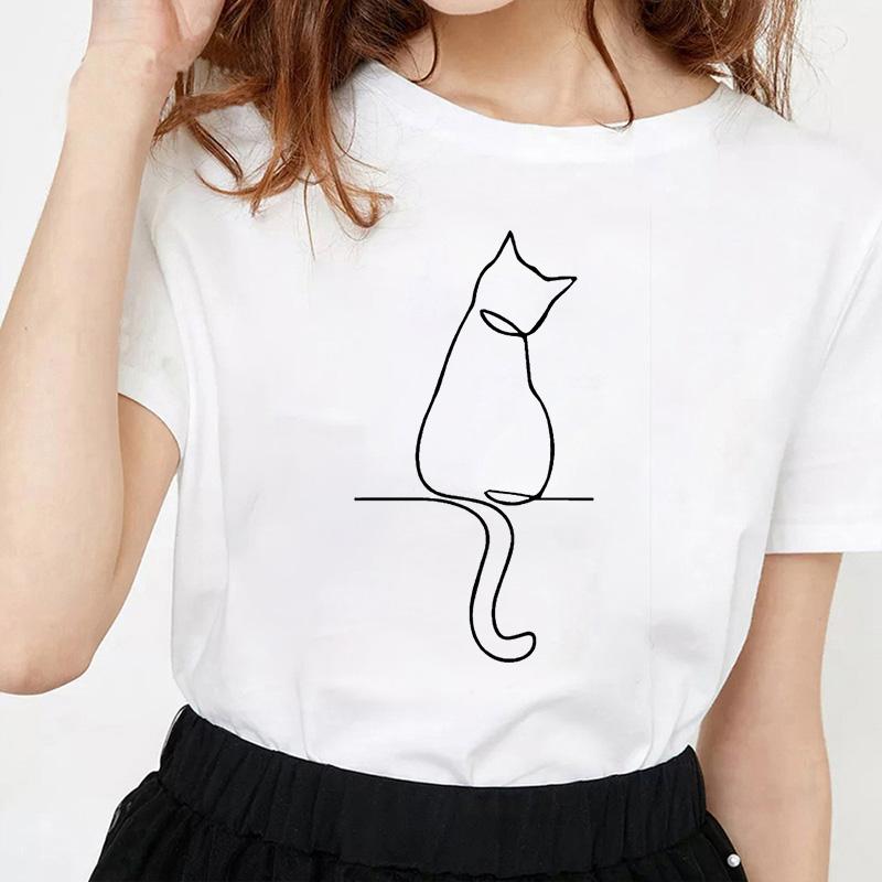 Kawaii Cat Line Drawing Minimalist Print T Shirt Female Harajuku Aesthetic Streetwear Summer Clothes for Women Camisa Masculina