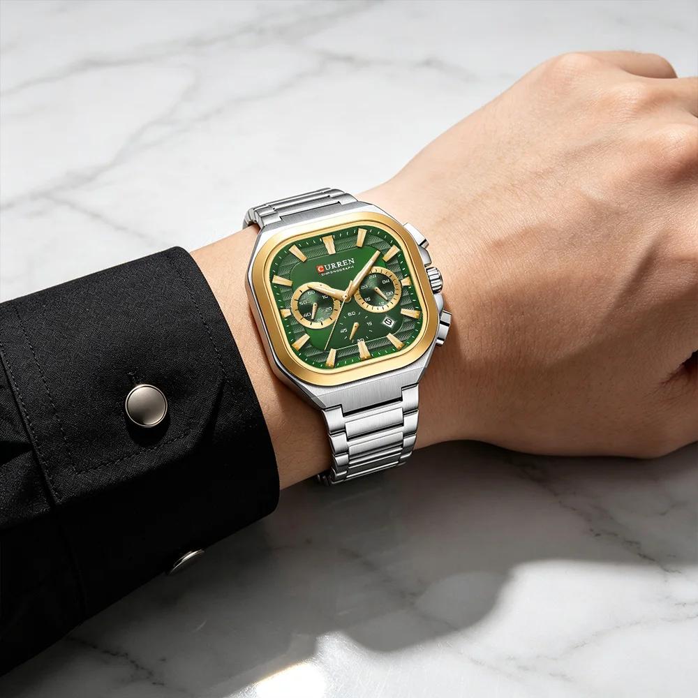 Mens Square Chronograph Watches Stainless Steel Wrist Watch with Date Luminous Hands Waterproof
