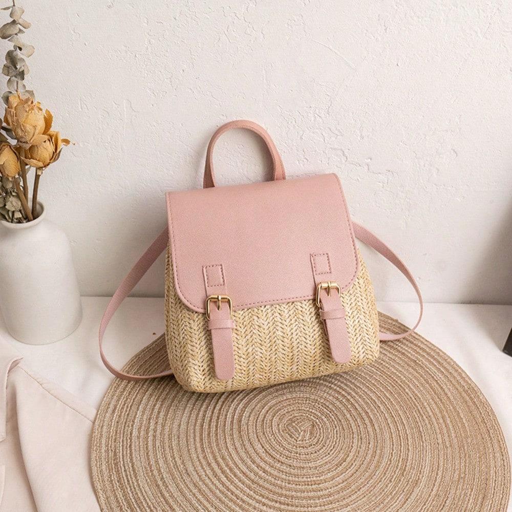 Sac à dos de petite taille à motif tissé et double boucle, design color-block pour femme, petit sac pink multicolore