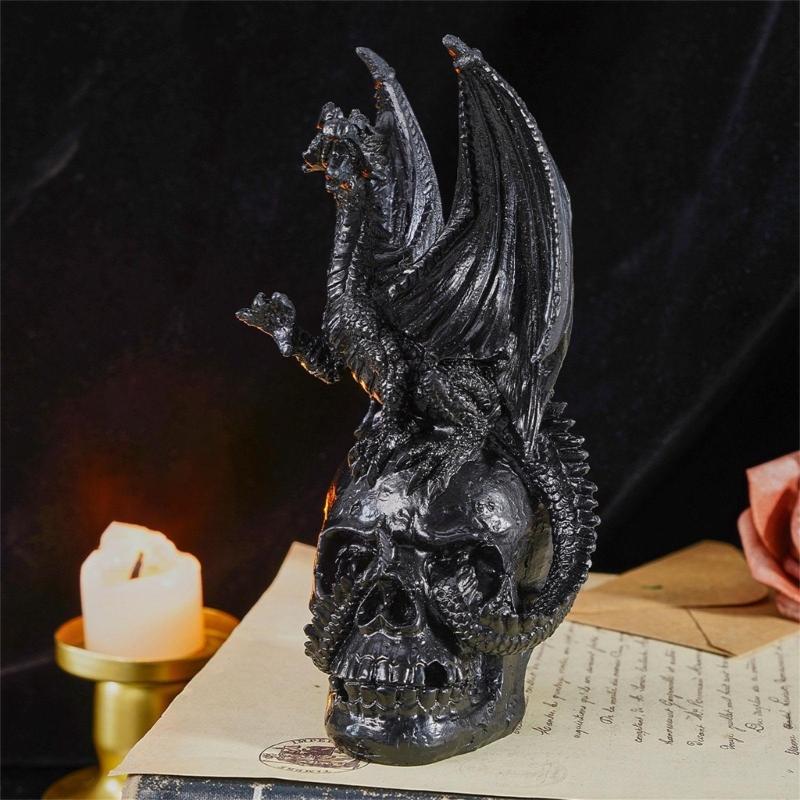 Metal-Look Dragon Skull Statue for Shelf and Desk Display, 17cm Figure for Fantasy Homes and Party Table Styling