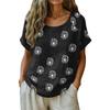 Women's Vintage Print Short Sleeve Top - Round Neck, Cotton Linen Fabric