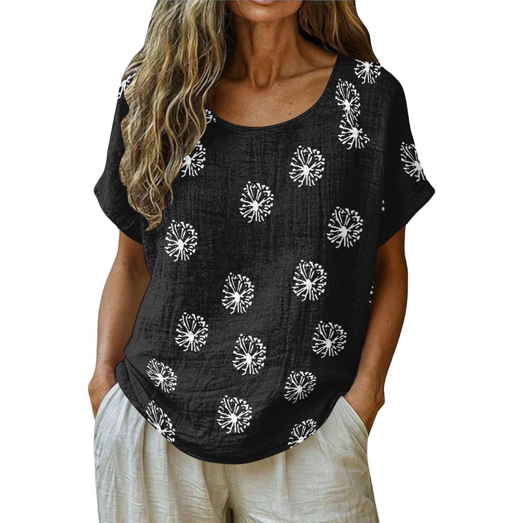 Women's Vintage Print Short Sleeve Top - Round Neck, Cotton Linen Fabric
