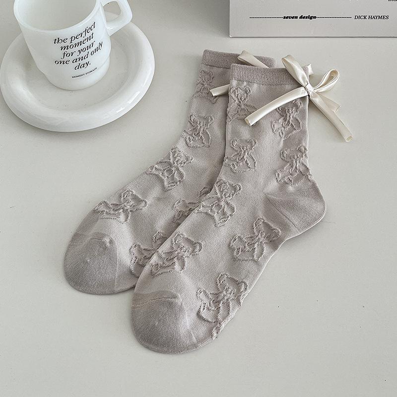 1 Pair Japanese Grey Bow 3D Bear Calf Socks Kawaii Vintage Seamless Pile Loose Socks for Girl Spring Summer Thin Casual Socks
