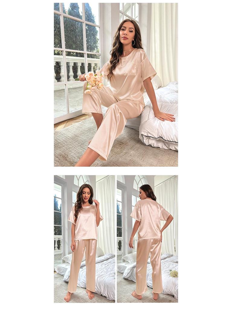 Yaoting Women's Summer Ice Silk Pajama Set - Short Sleeve Top & Long Pants, Loose Fit Casual Homewear 3147