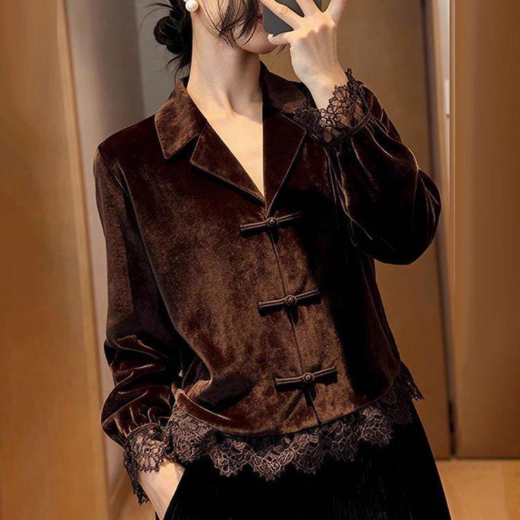 

2026 Spring New Chinese Style Velvet Long-Sleeved Frog Button Jacket for Middle-Aged and Elderly XL (Recommended 90-115 catty) коричневий