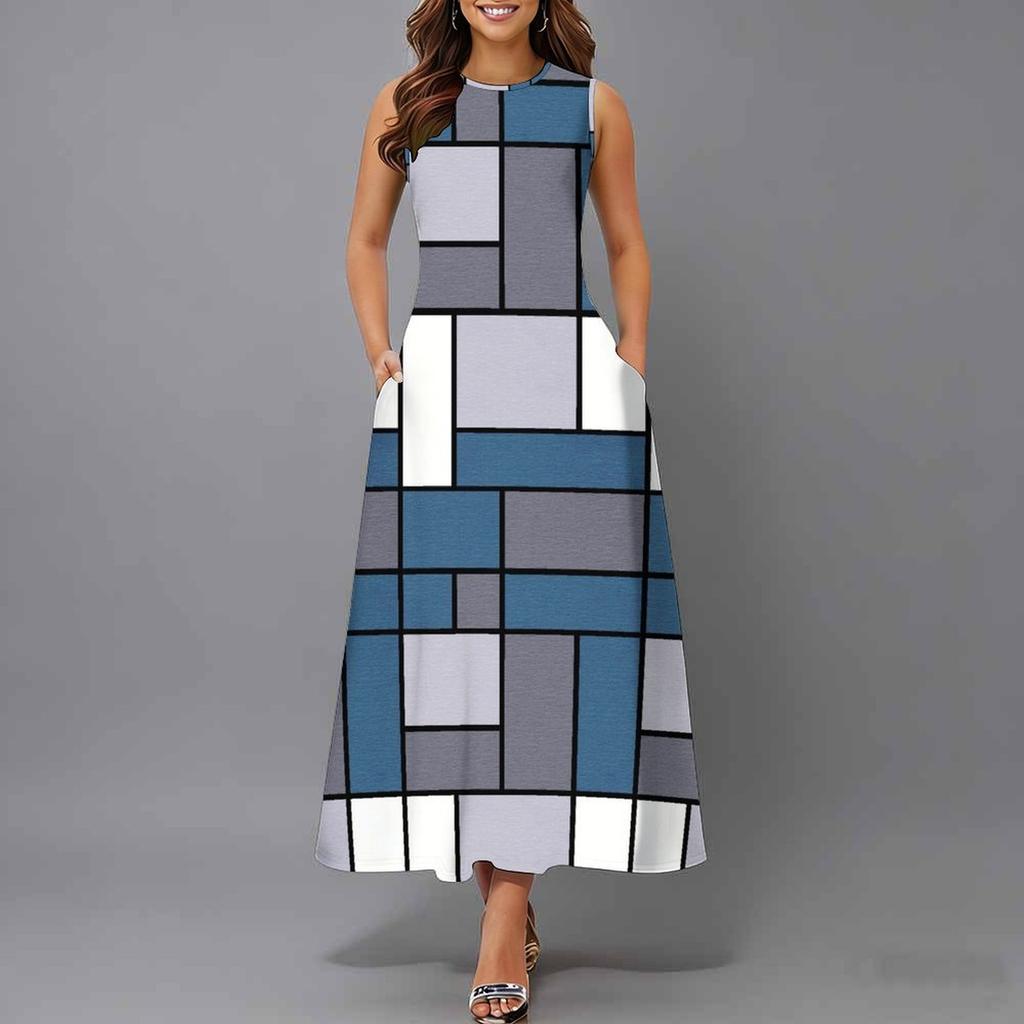 Oversized Women Sleeveless Round Neck Dress Elegant Scattered Bouquet Flowy Calf Length Gown