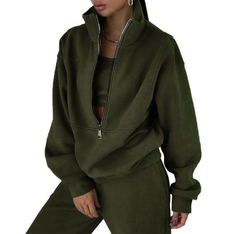 Fall and Winter New Arrival Fashion Stand Collar Zipper Fleece Loose Long Sleeve Sweatershirt Jogger Pants Pants Casual Sports Two-Piece Suit