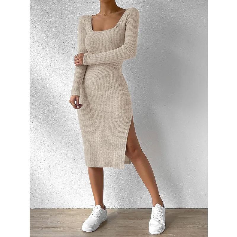 

Autumn and winter new style European and American square collar long-sleeved hem slit jacquard brushed dress women PB008 XXL