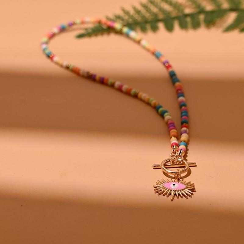 Colorful Bead Choker Necklace For Women Neck Chain  Evil Charm Daily Jewellery Accessories Gift