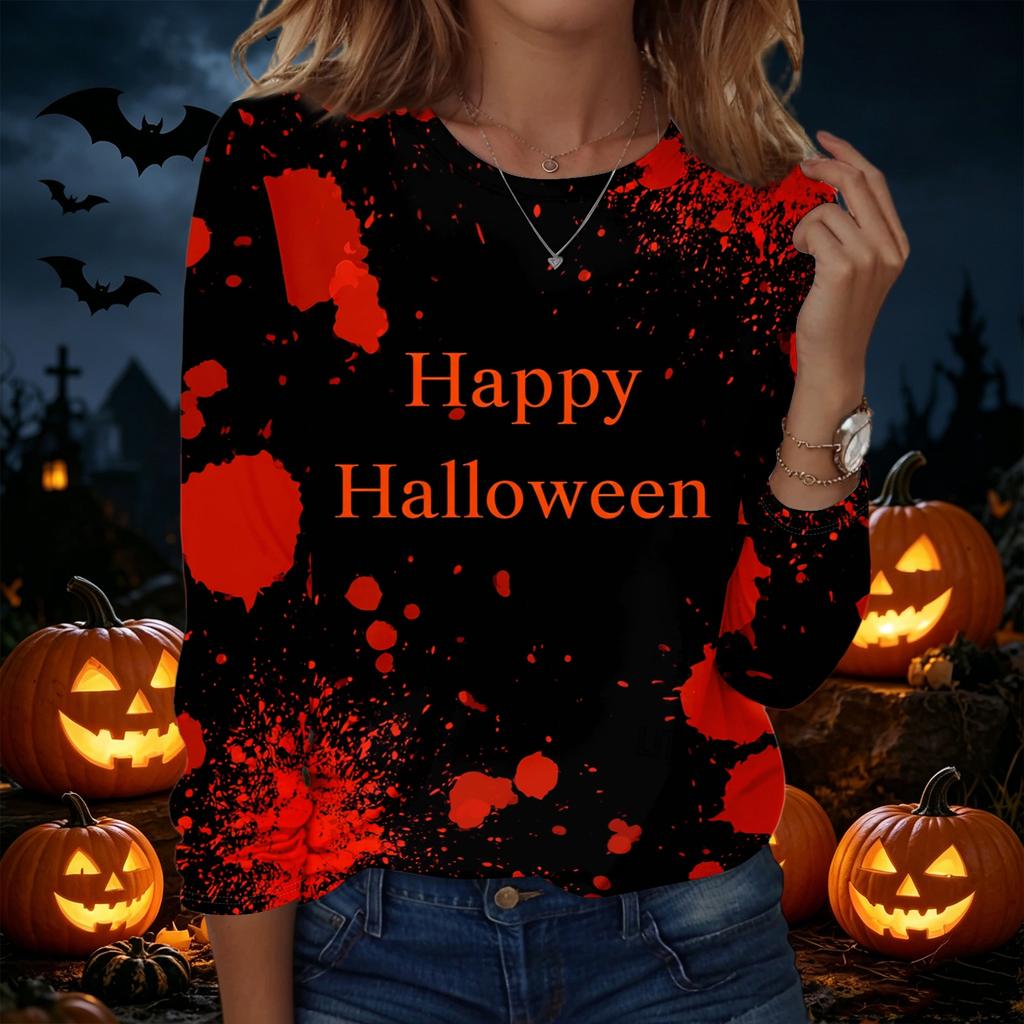 Women's Casual Long Sleeve Crew Neck Sweatshirt Halloween Print Pullover Top Lightweight Comfortable Fit for Everyday Wear