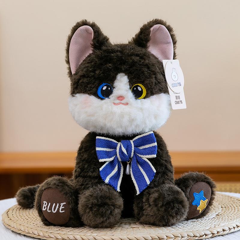 Kawaii Two Different Eyes Cat Plush Toy Blue Bow Kitten Stuffed Animal Soft Fluffy Doll Girls Gift Home Decor