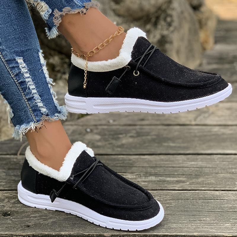 Pantofi de bumbac pentru femei toamnă și iarnă noi culoare solidă vârf rotund talpă plată mărime mare cald și cu catifea pentru femei cu un singur pedale