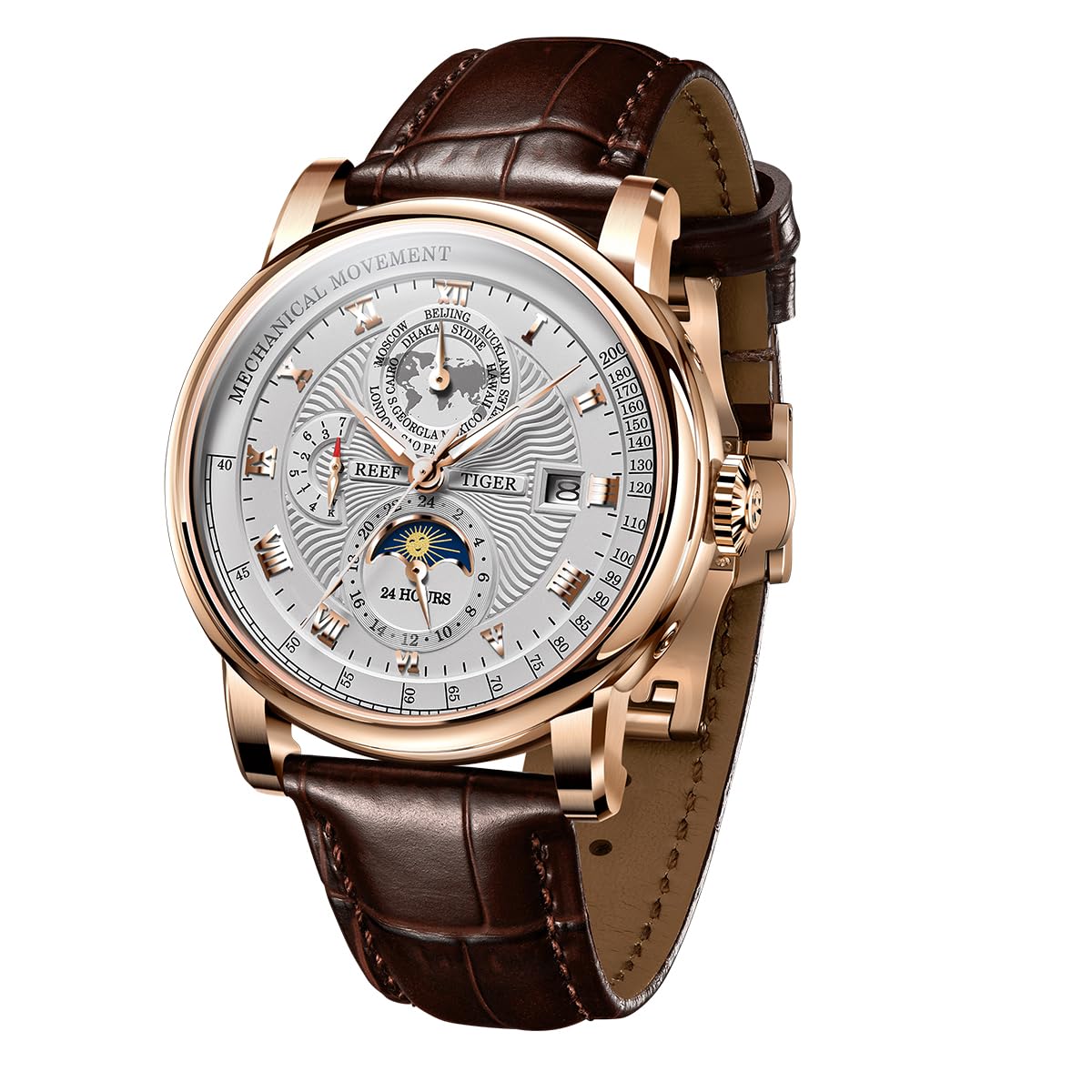 

Reef Tiger Brand Moon Phase Leather Automatic Watch Men s Complete Calendar Luminous Transparent Mechanical Wristwatch RGA 1963 (RGA1963-PWS)