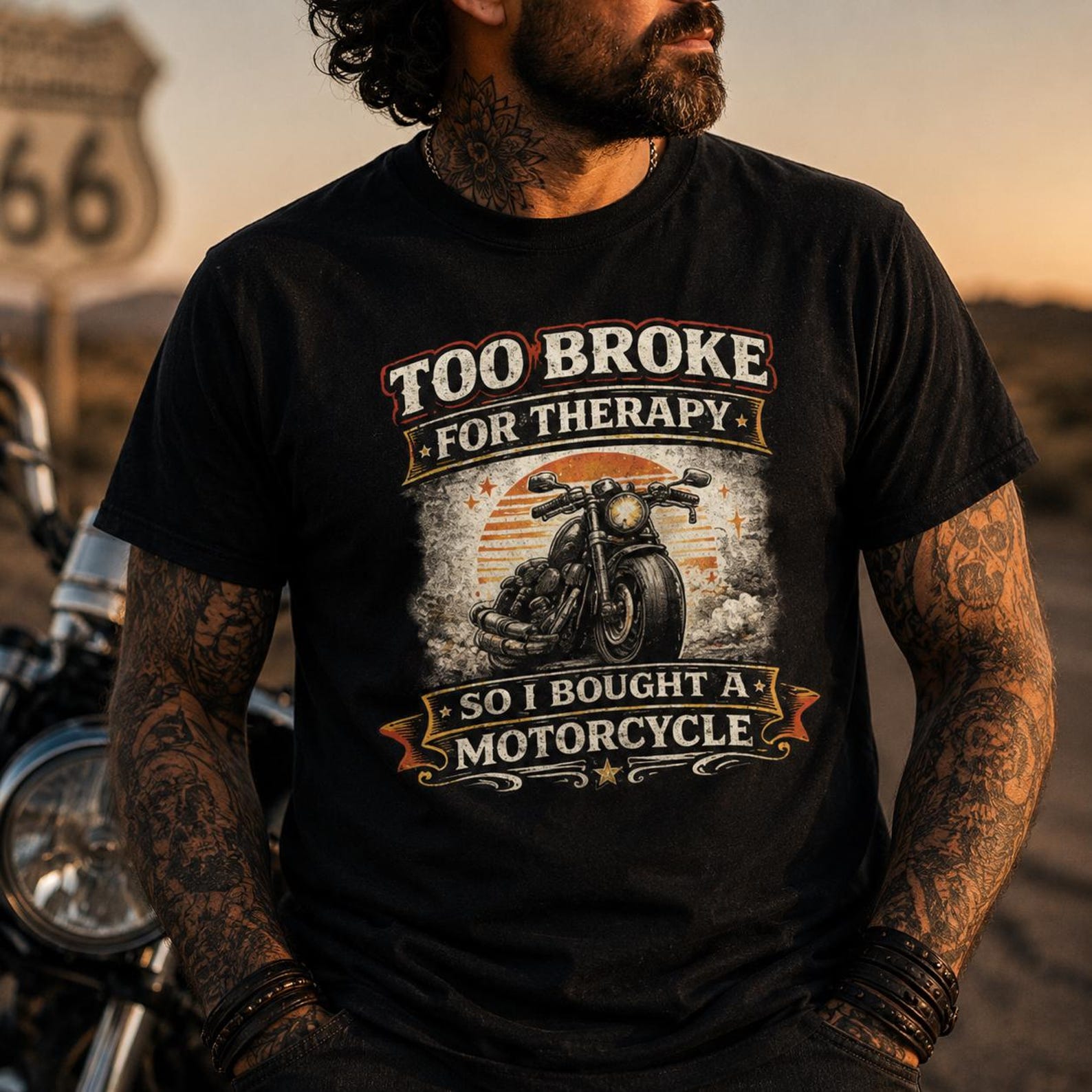 Too Broke For Therapy Shirt, Funny Motorcycle Rider Tee, Vintage Biker Humor Gift, Retro Motorcycle T-Shirt 4XL
