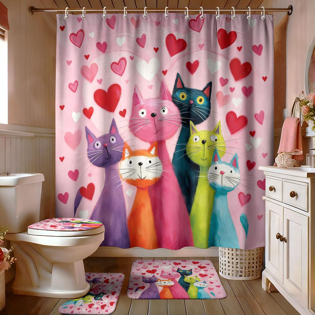 4 Valentine's Day Romantic Love Cartoon Cat Print Bathroom Set 180x180 Waterproof Shower Curtain Floor Mat U-shaped Toilet Mat