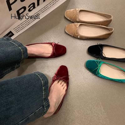 Fashion Elegant Velvet Ballerina Shoes Woman Luxury Velour Ballet Flats Ladies Retro Round Toe Bowknot Shallow Loafers In Red Green