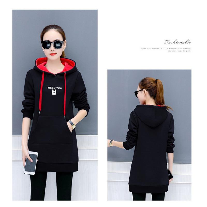 Podzimní a zimní nový korejský styl dámský pulovr volný velká velikost studentská mikina s kapucí střední délky sametová vyšívaná mikina pro ženy