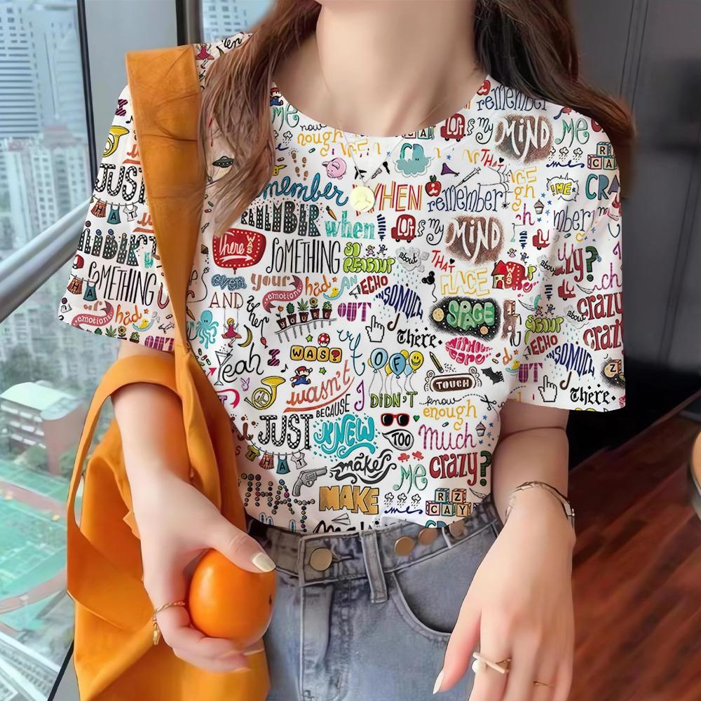Summer Vintage Women's T-Shirt Short Sleeve Line Print Caual Crew-Neck Pullover Fashion Streetshirt Female Oversized Clothing