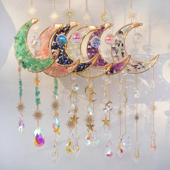 Colorful Crystal Suncatcher, Hanging Sun Catcher for Windows, Moon Shape Healing Crystal Decor for Home, Crystals Prism Rainbow Maker, Gift for