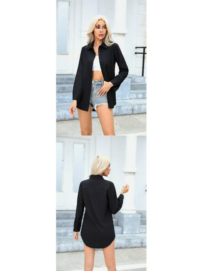Women's White Chiffon BF Style Loose Mid-Length Long Sleeve Shirt