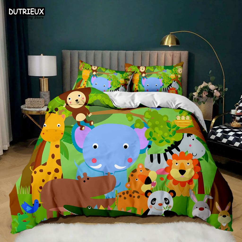 Elephant Comforter Cover Cute Cartoon Animal Paradise Bedding Set Boys Girls Kids 3D Animal World Queen Polyester Duvet Cover