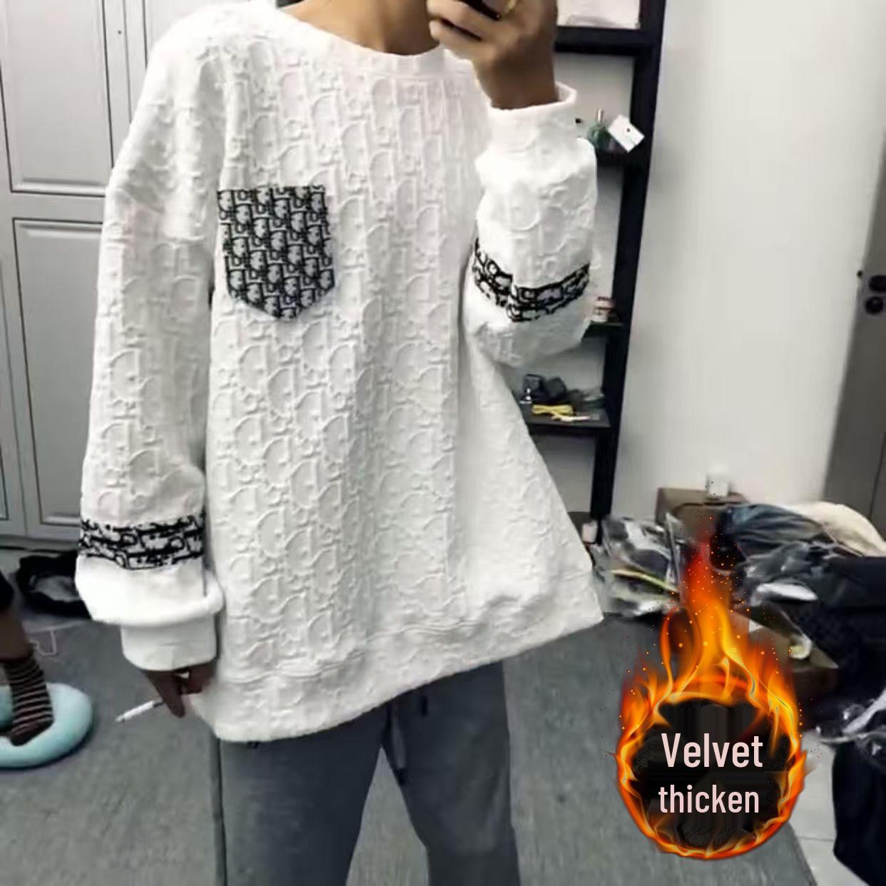 

Autumn/Winter Velvet Patchwork Hoodie: Internet Celebrity Inspired, Versatile, Slimming, Round Neck with Pockets, Street Style Extra Extra Large білий