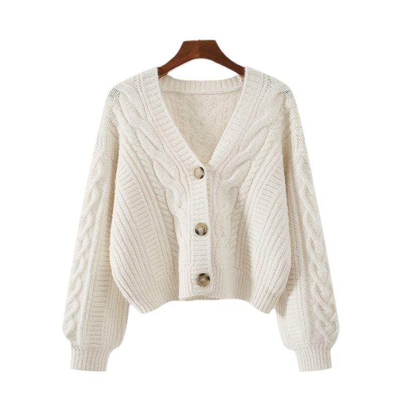 Womens Cable Knit Sweater Coat Autumn Winter Short Cardigan V Neck Top