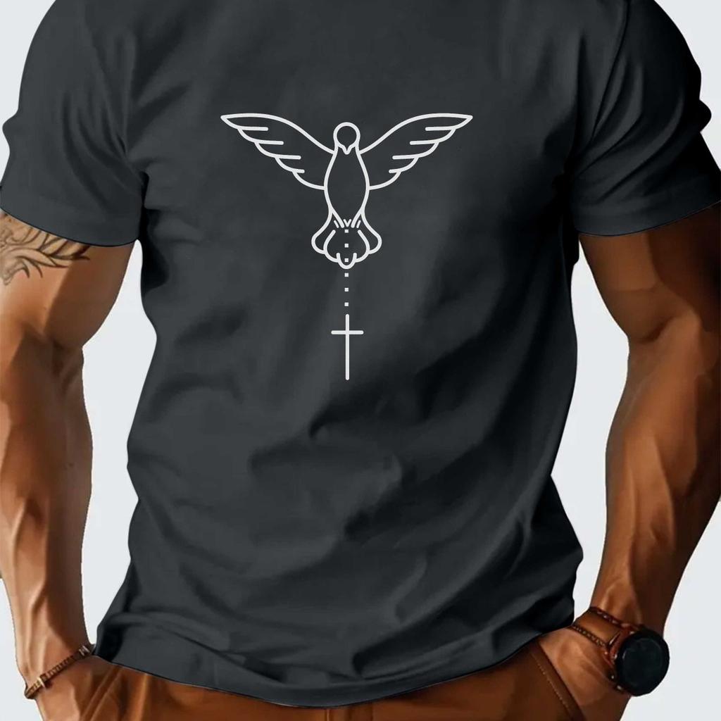 Holy Spirit Dove Cross Graphic Tee Mens Casual Cotton Breathable Short Sleeve TShirt