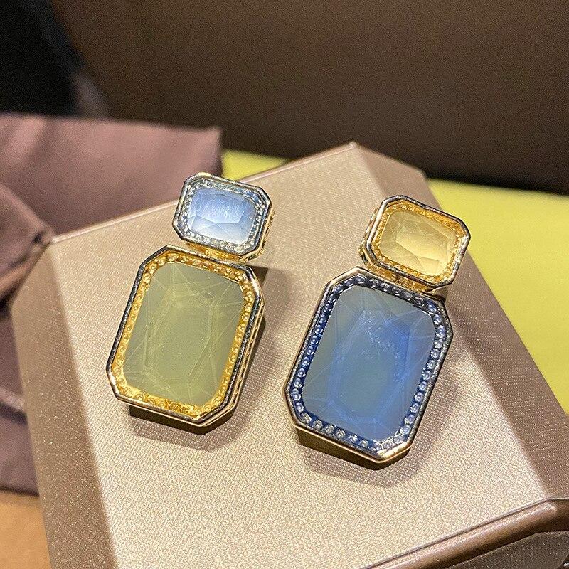 Top New Luxury Square Pendant Drop Style Olive Yellow Blue Crystal Side Inlay Zirconia S925 Silver Earrings For Women Jewelry