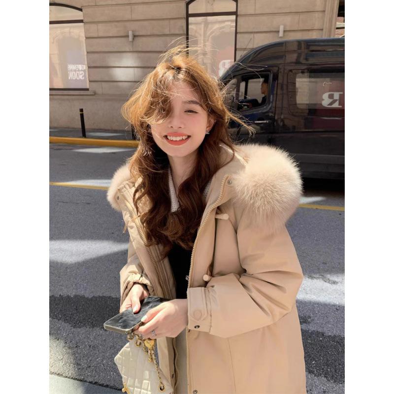 

Женская зимняя одежда из пуха средней длины, новая, с капюшоном, большим меховым воротником, утолщенное свободное пальто до колена XL хаки