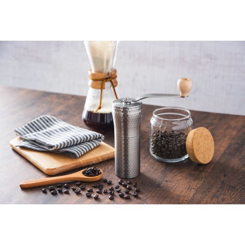 Kawasaki Synthetic Resin Hand Coffee Mill, Silver, 30g Bean Capacity, Ceramic and Stainless Steel, Hammered Finish, MI-011