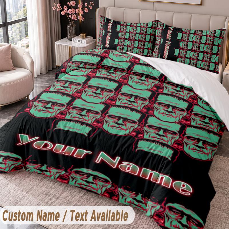 Custom Name Text 3Pcs Bedding Set Frankenstein's Monster Duvet Cover And Two Pillowcases