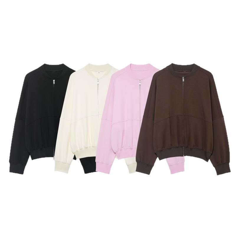 ZA 2026 Womens Casual Slim Fit Zip Up Jacket Solid Color Round Neck Long Sleeve Top