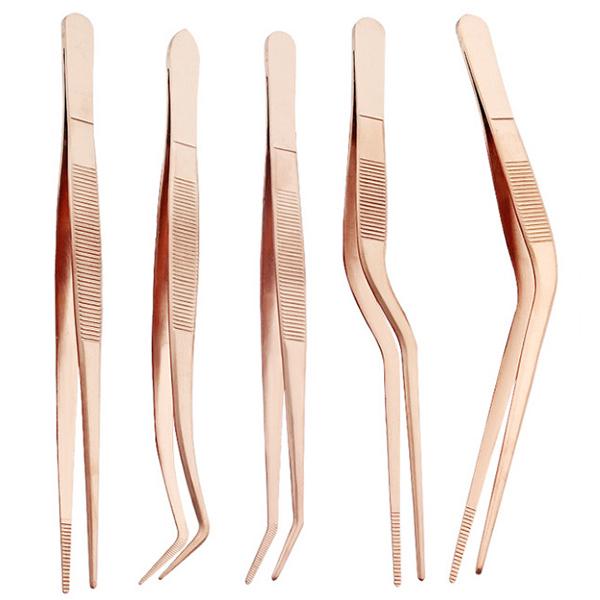 5Pcs Kitchen Culinary Plating Tweezers with Serrated Tips, 6.3-Inch Stainless Steel Tongs Set for Cooking Baking Cake Decor