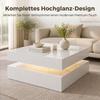 LED-Couchtisch mit Stauraum, 2-stufiger moderner Mitteltisch mit offenem Fach und Fernbedienung für das Wohnzimmer, Hochglanz Weiß
