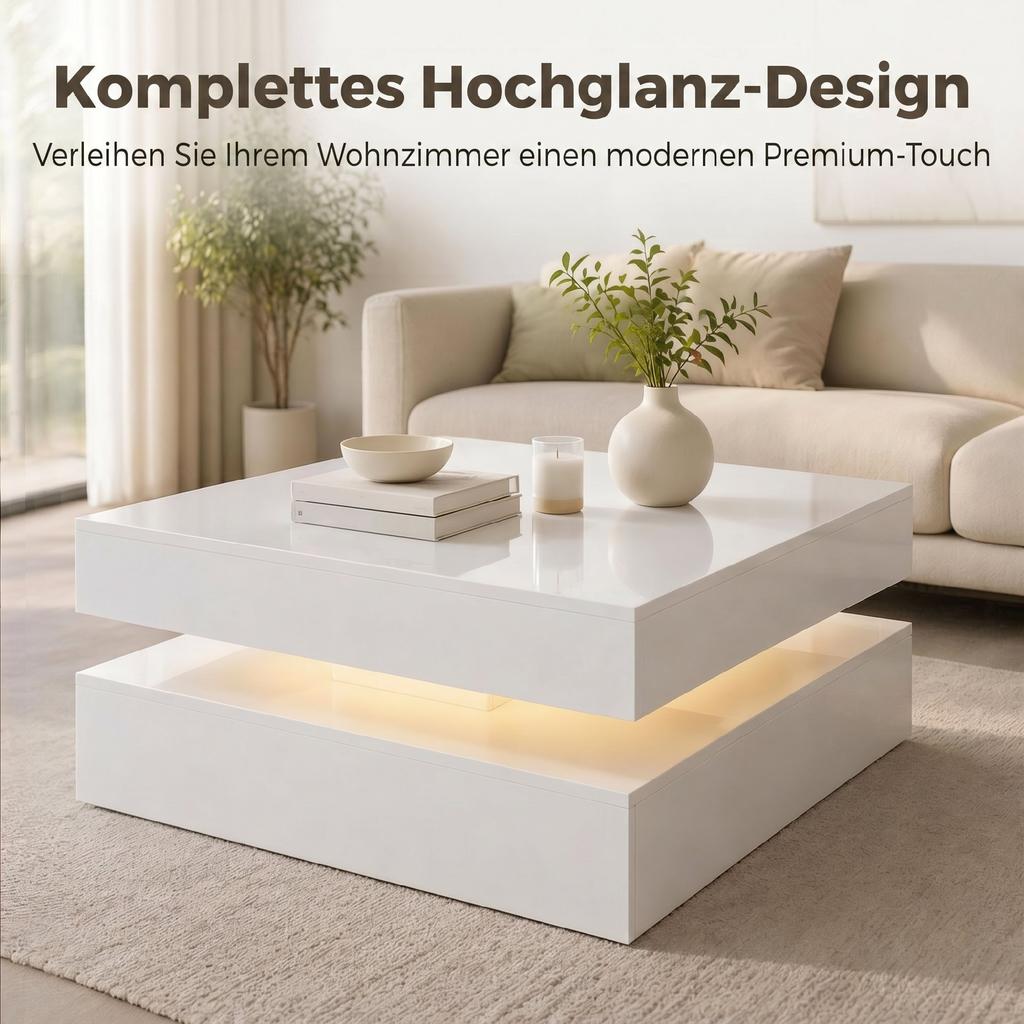 LED-Couchtisch mit Stauraum, 2-stufiger moderner Mitteltisch mit offenem Fach und Fernbedienung für das Wohnzimmer, Hochglanz Weiß