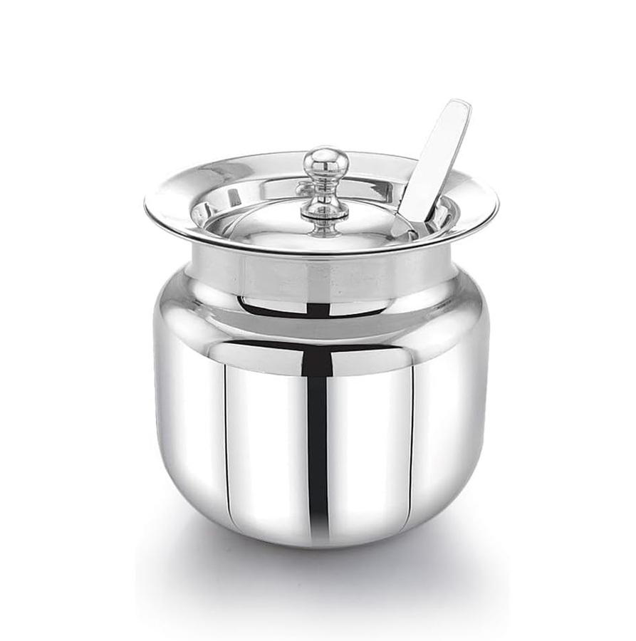 TreegoArt Stainless Steel Ghee Pot With Spoon And Lid Multipurpose Oil, sauce, ghee storage container For Kitchen - 400 Ml Pack Of 1