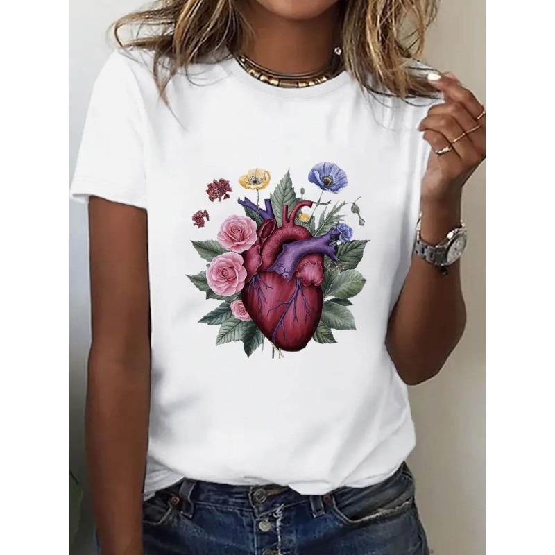 Europäische Größe Damen Weiß Anatomie Herz & Adern Print T-Shirt - Lockere Passform A-Linie Kurzarm