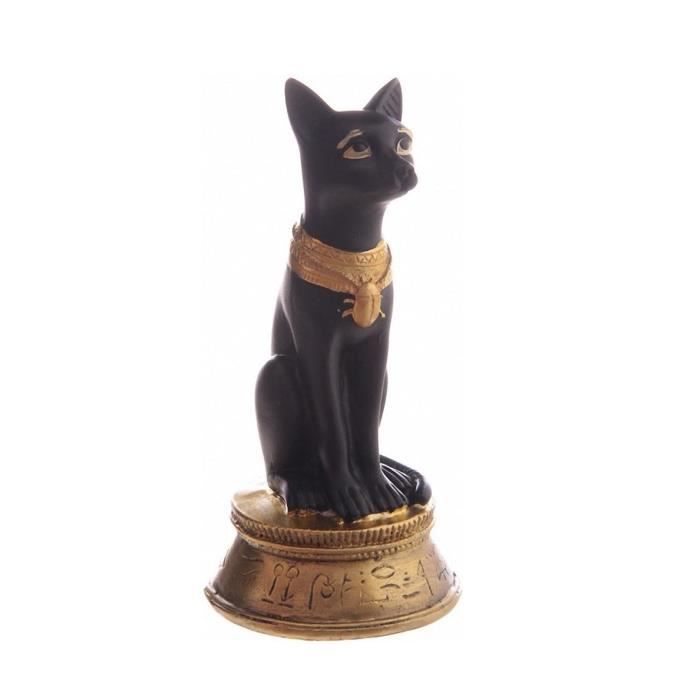 Statuette - Déesse Bast - 13.5 cm - Noir - Jaune or - Collier Scarabée