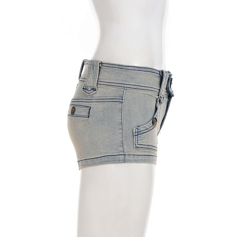 Distressed Washed Denim Shorts Low Waist Streetwear Cargo Pocket Hot Pants Women
